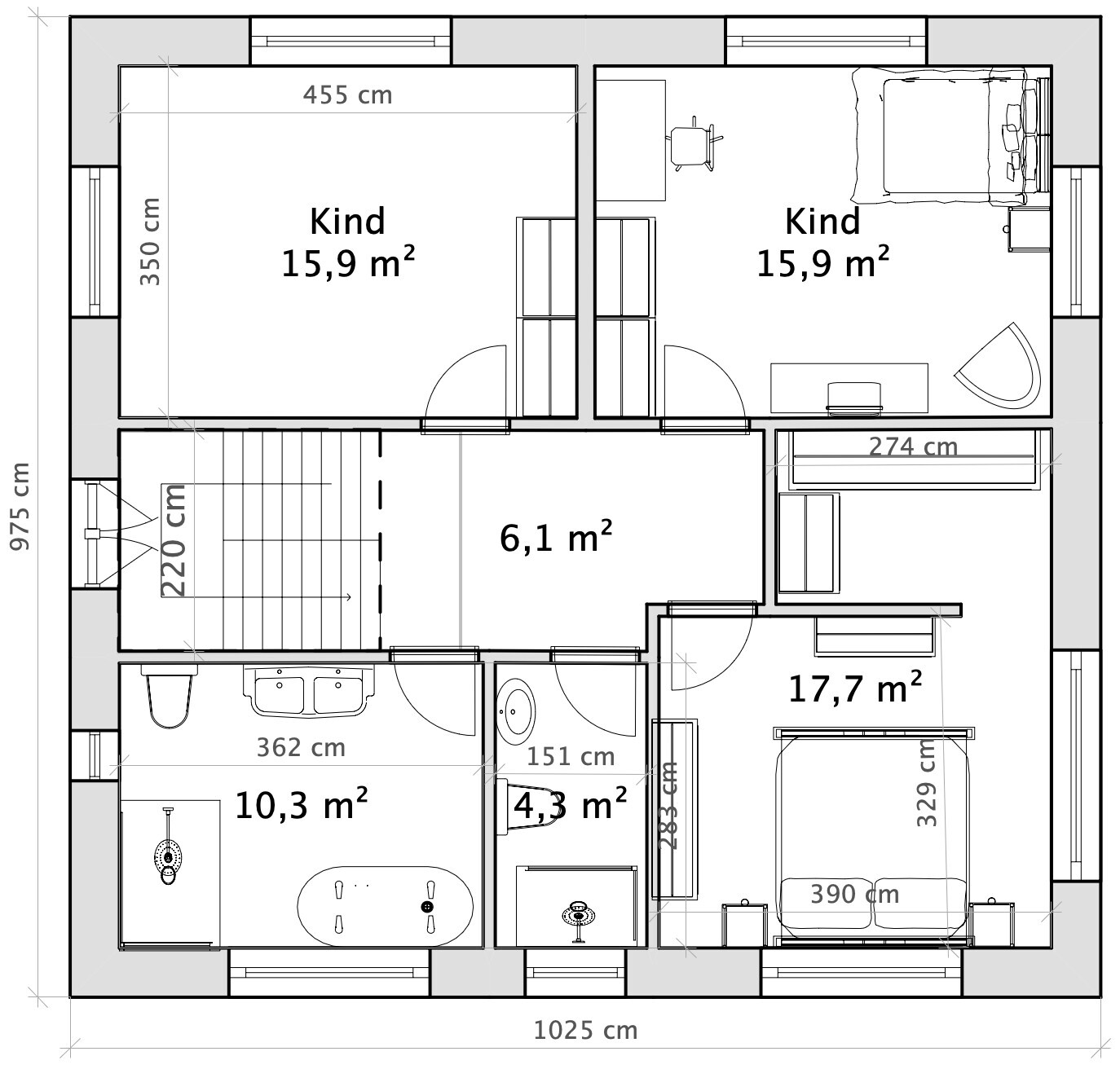Floor plan of a house with two children's rooms, bathroom, bedroom, and hallway