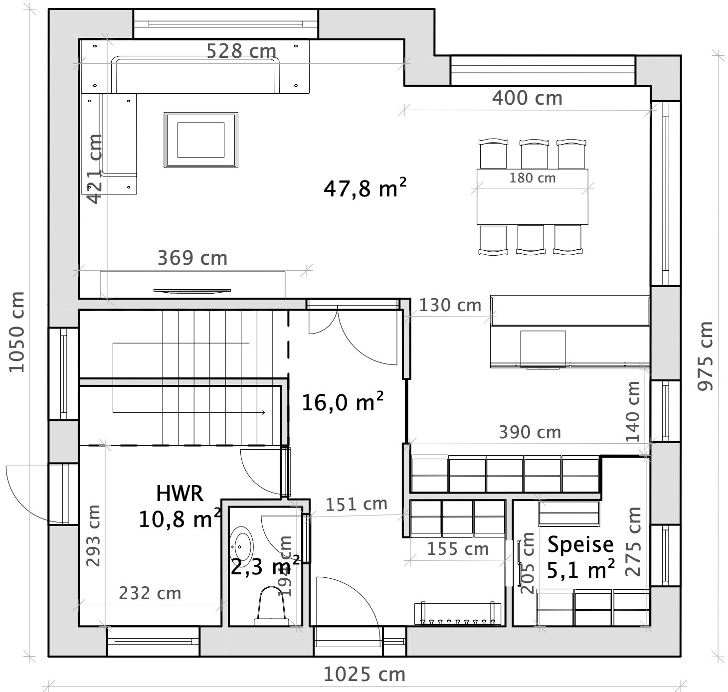 2D floor plan of a house with living room, kitchen, pantry, and hallway