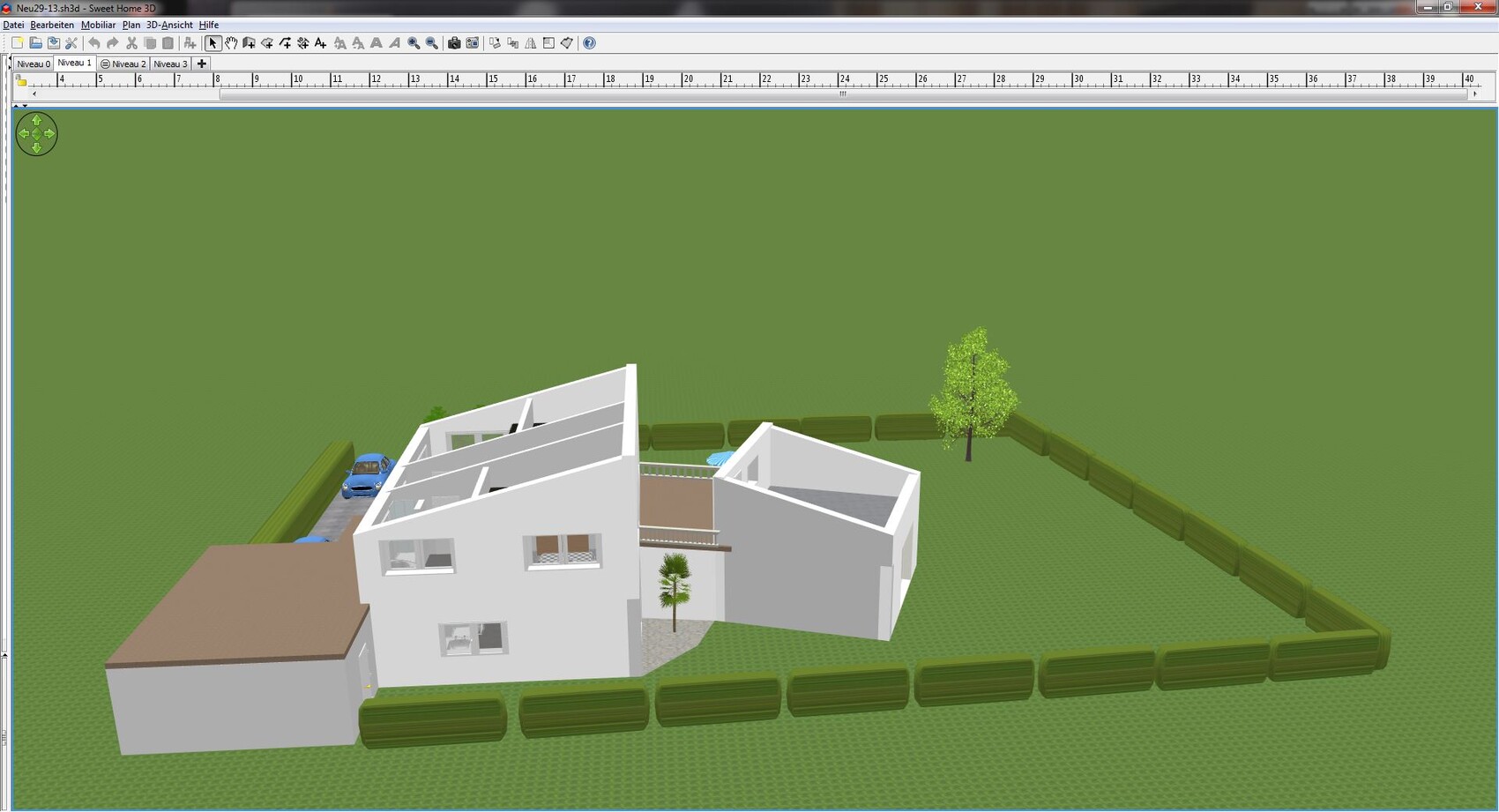 3D-Ansicht eines modernen weißen Hauses mit braunem Anbau, Gartenzaun und Baum.