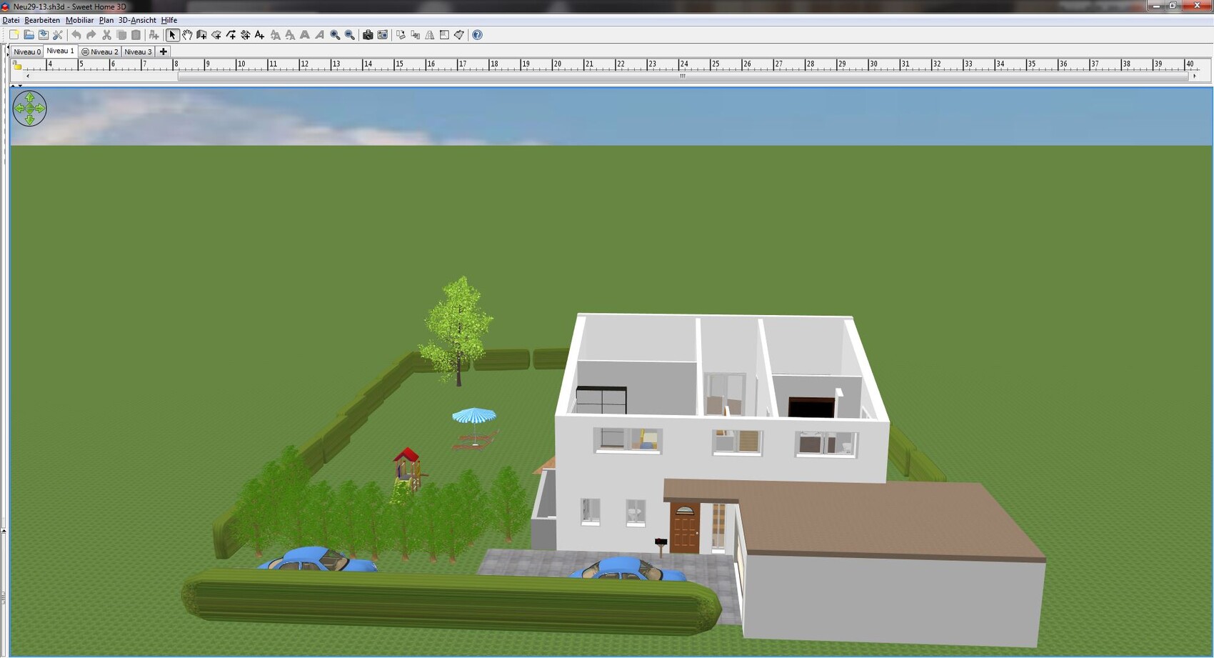 Moderne 3D-Hausansicht mit Garten, Zaun, Spielbereich und Autos