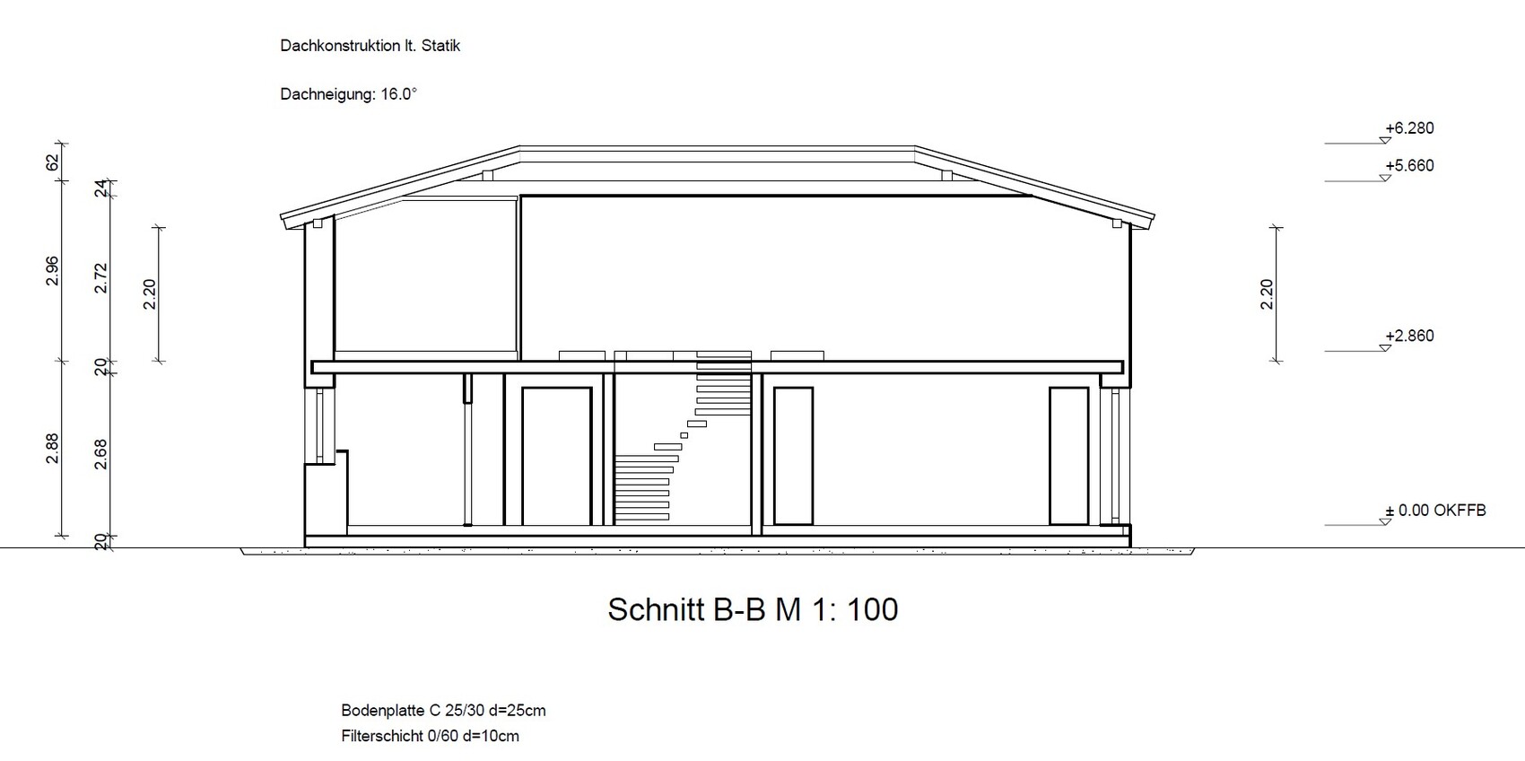Section B-B of a house with stairs, floors and foundation