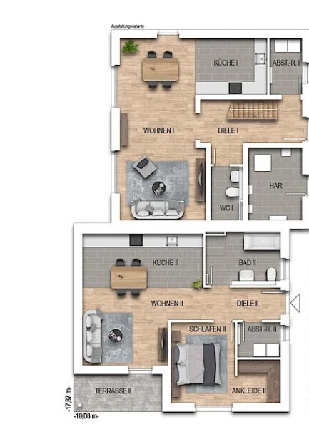 2D floor plan of a house with living room, kitchen, hallway, and bedroom.
