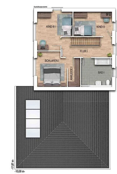 2D floor plan of a house with bedrooms, kids’ rooms, hallway, dressing room, and bathroom