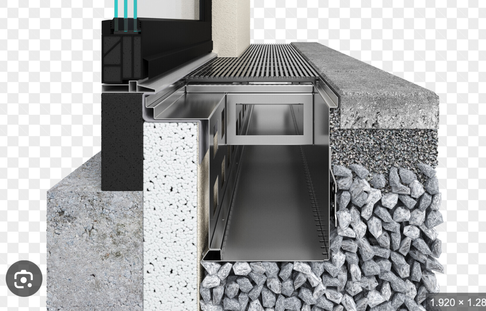 Cross-section through shell construction: foundation, insulation, steel beams, floor slab, and gravel bed