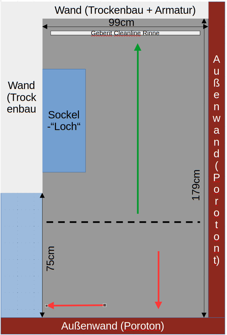 Grundriss eines Raums mit Trockenbauwand und Poroton-Außenwand, Maßangaben