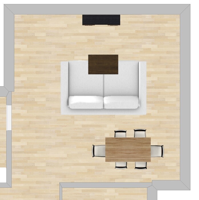 Top-Down 3D-Layout eines Wohnzimmers mit Sofa und Esstisch auf Holzboden.