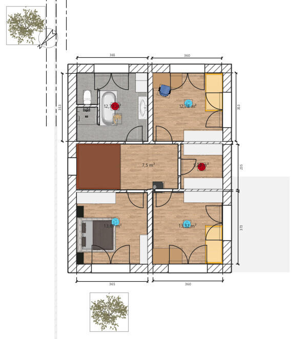 Detaillierter Hausgrundriss mit mehreren Zimmern, Türen und Maßangaben.