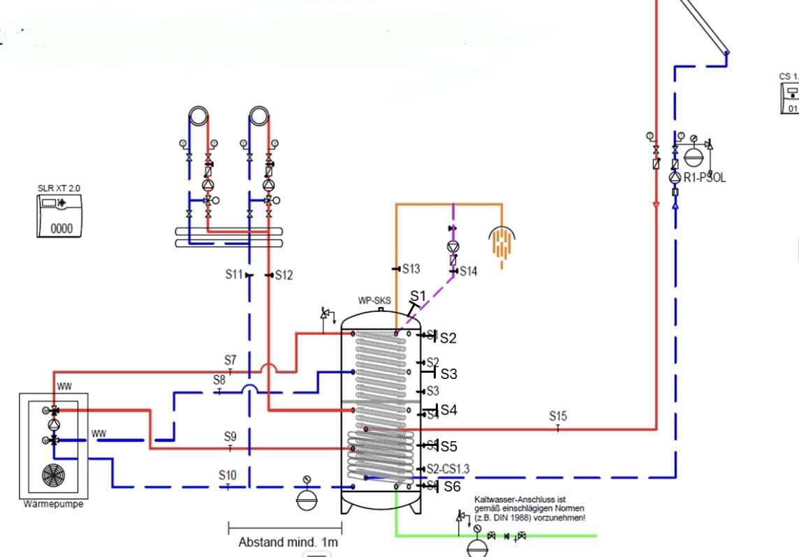 Technical heating system with heat pump, buffer tank, and piping diagram.