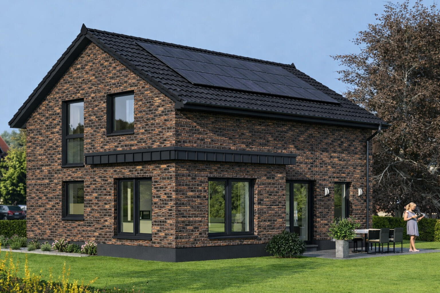 Modern two-story brick house with solar panels, terrace and garden