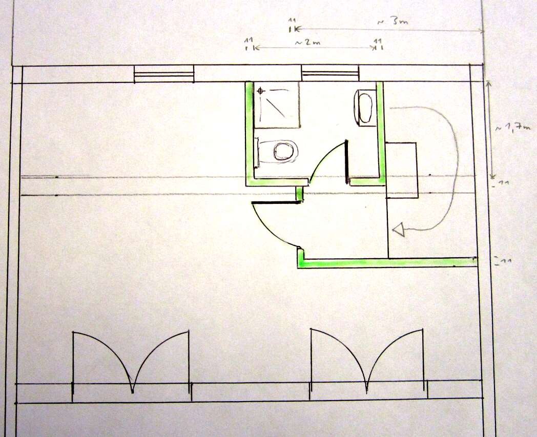 Sketch floor plan of a bathroom with toilet and washbasin.