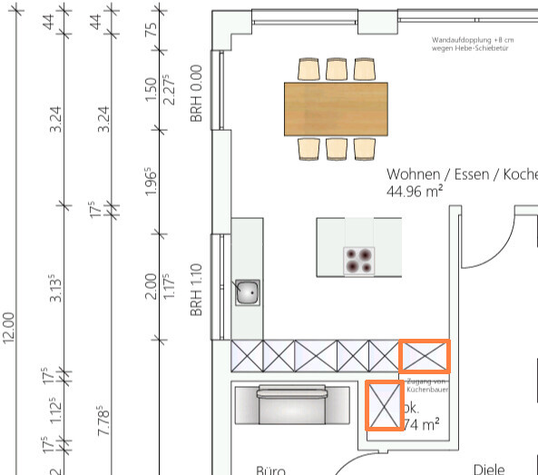 Floor plan of an open living, dining, and kitchen area with island and dining table