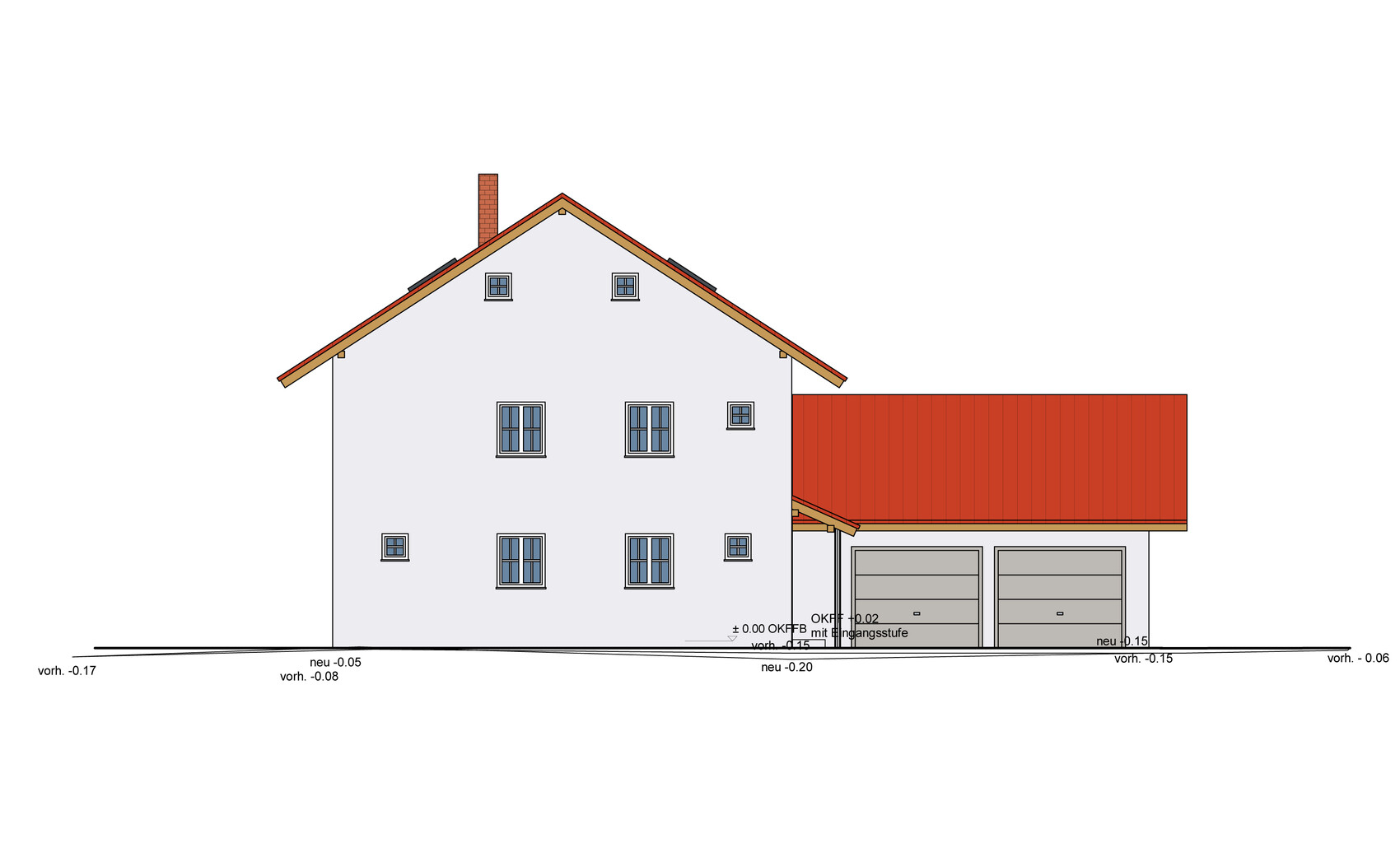 Außenansicht eines Hauses mit rotem Satteldach und Garage