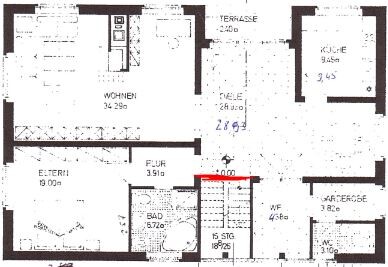 2D floor plan of a house with living room, kitchen, bathroom, and hallway