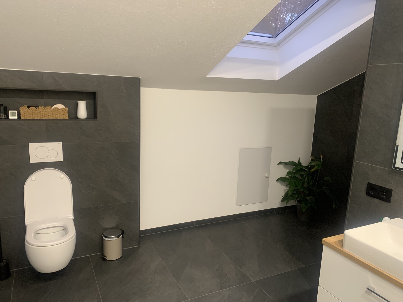Modernes Badezimmer mit dunklen Fliesen, wandhängende Toilette, Dachfenster und Pflanze