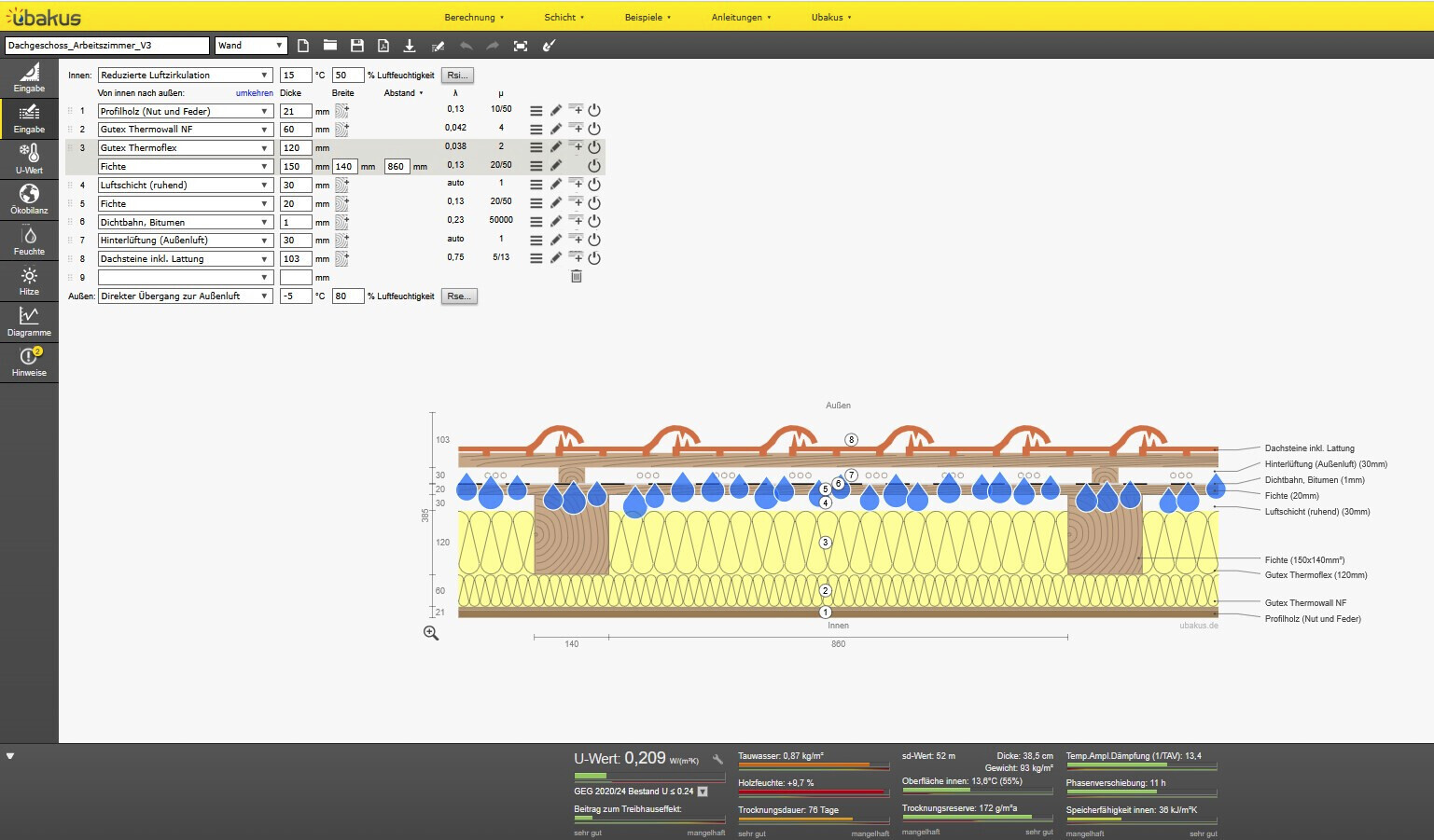 Cross-section through roof structure with insulation, wooden construction, and air layers.