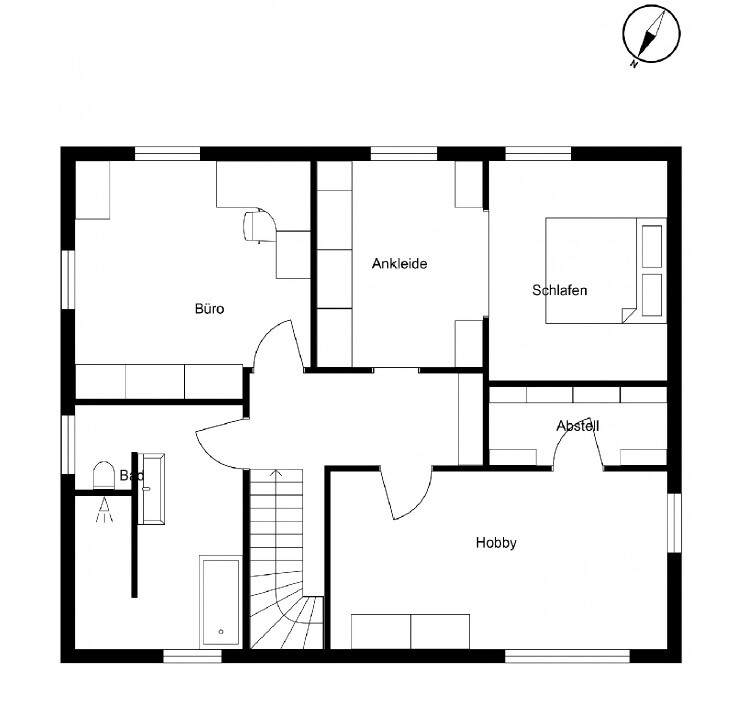 Grundriss eines Hauses mit Büro, Ankleide, Schlafzimmer, Hobbyraum, Abstellraum und Treppe