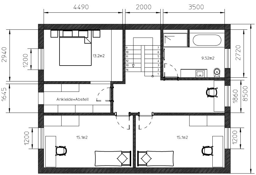 2D floor plan of a house with bedrooms, bathroom, and stairwell