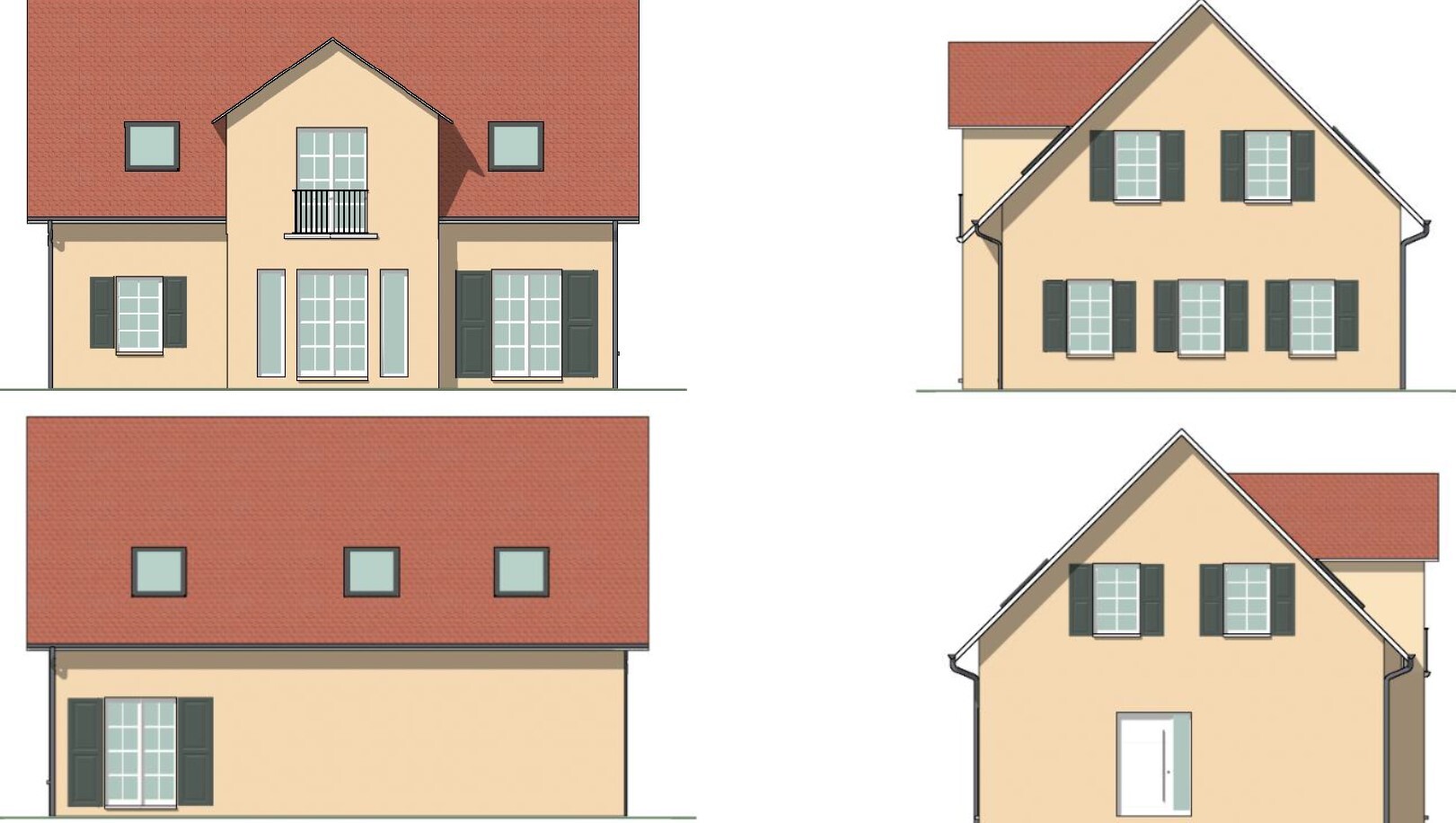 Four elevations of a single-family house with red roof, beige façade, and green shutters