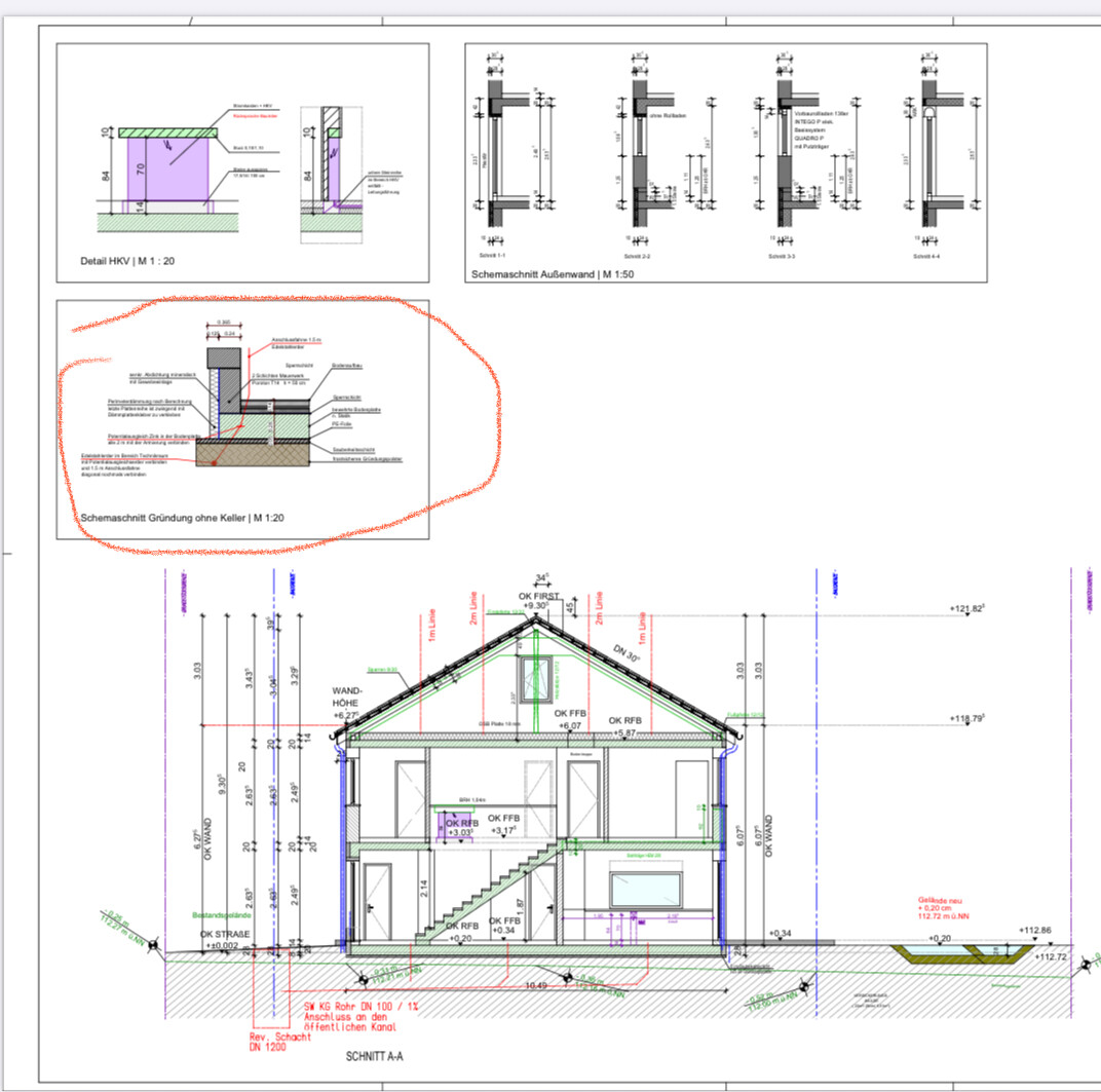 Technical construction plans of a house with floor plan, elevations, and foundation section.