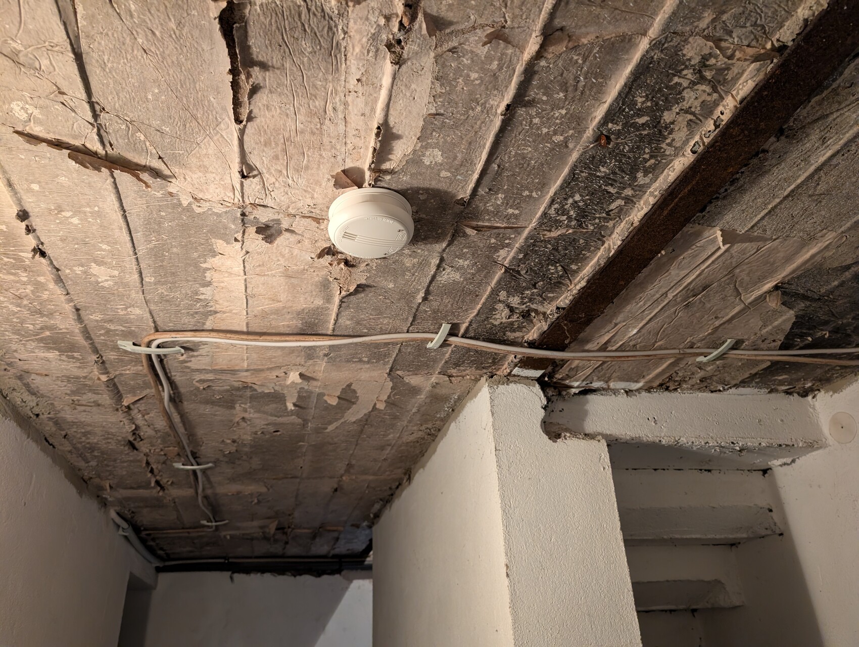 Basement ceiling with insulation, visible cables, smoke detector on ceiling