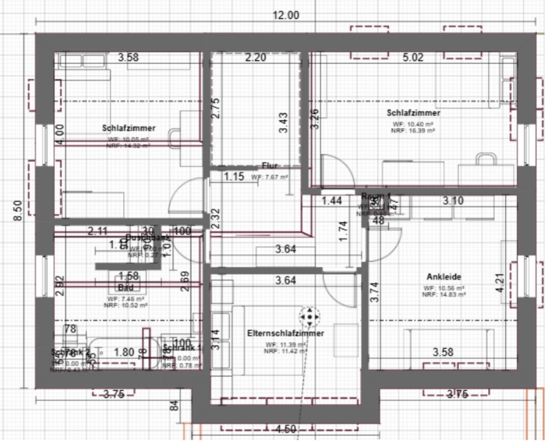 2D floor plan of a house with bedroom, bathroom, and hallway