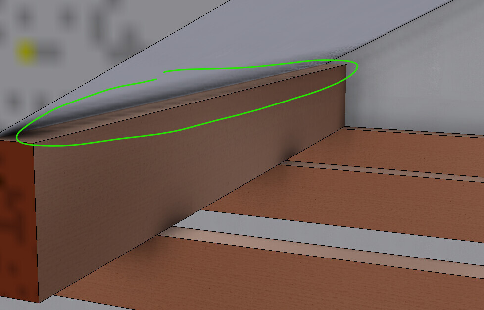 3D-Render of a wooden floor with beams and wall joint, visible joint at the transition.