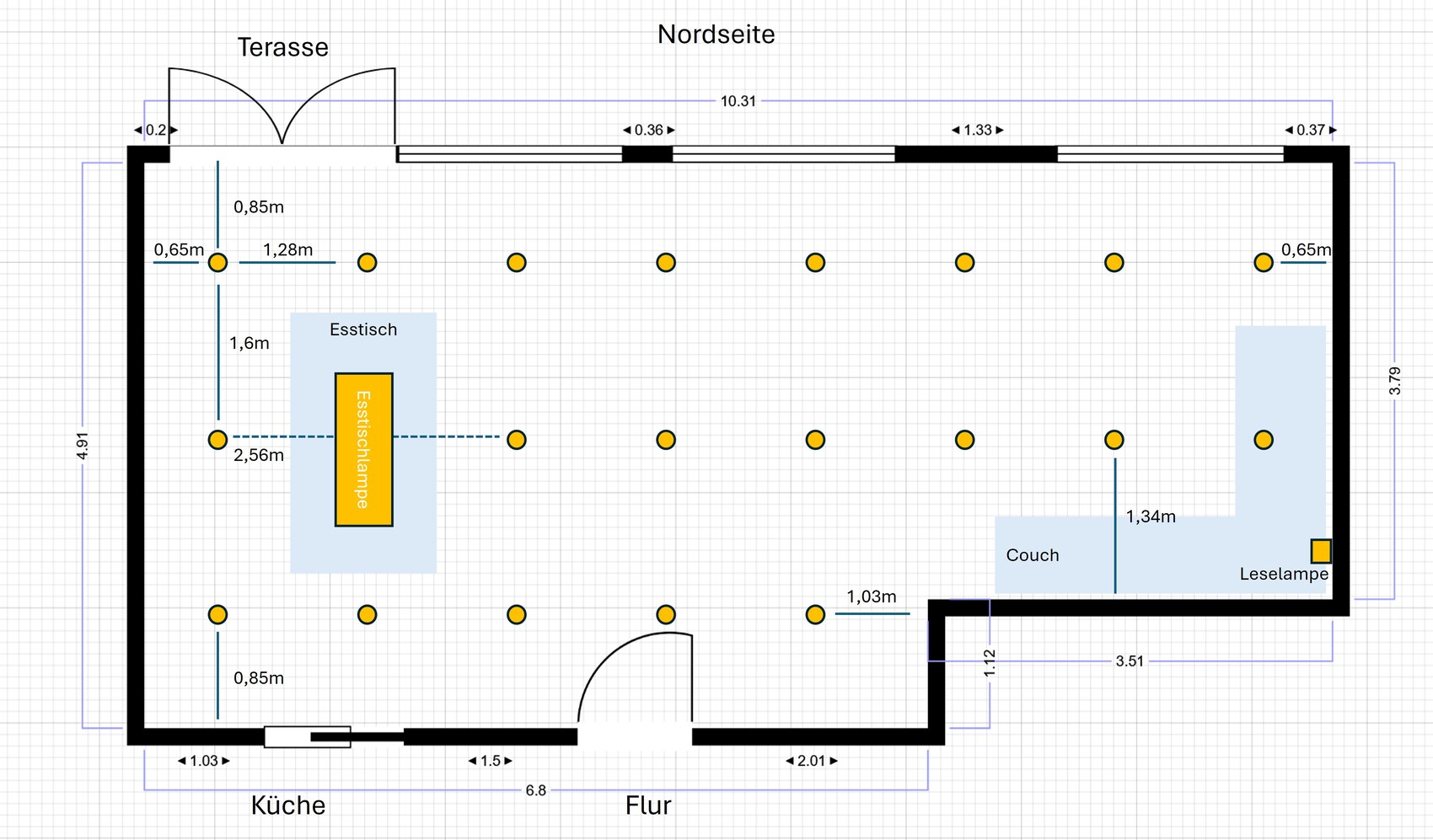 2D floor plan of a living and kitchen area with terrace and furniture.