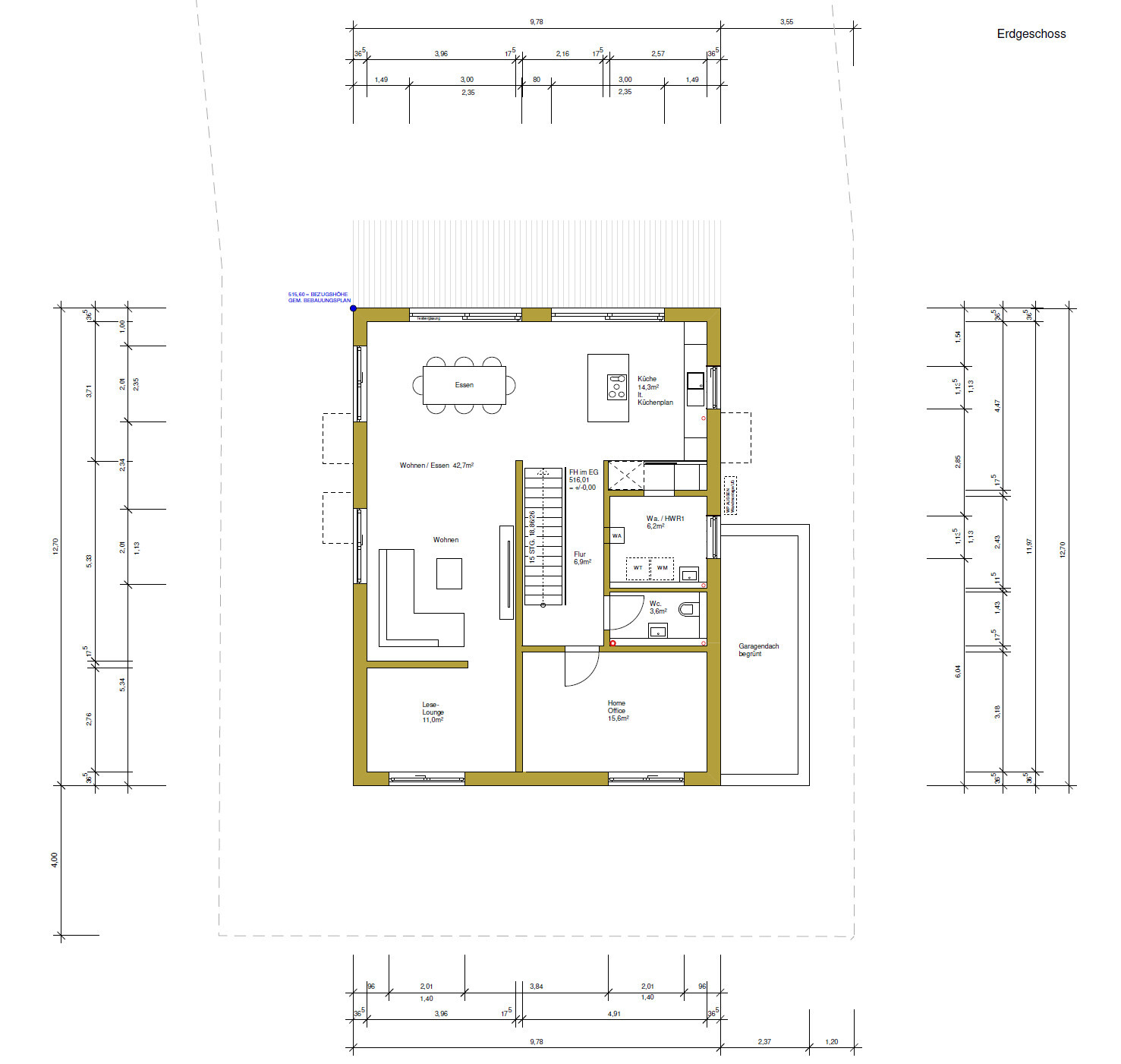 Floor plan of a single-family house ground floor with kitchen, dining area, and living room.