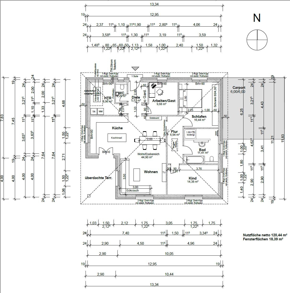 Floor plan of a single-family house with kitchen, living area, bathroom, and bedroom