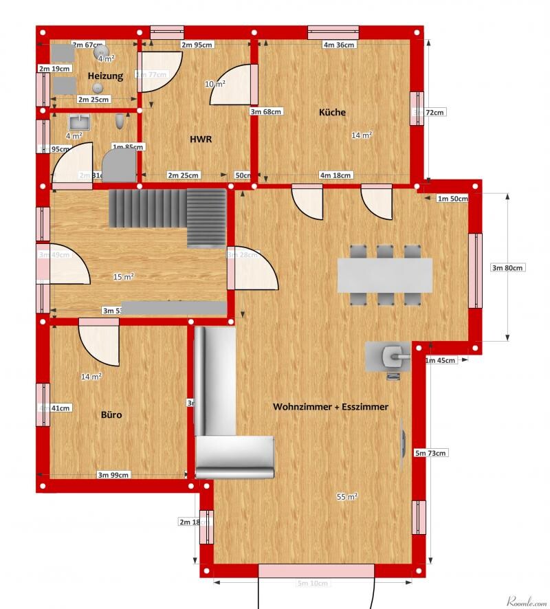 2D floor plan of a house with living room, kitchen, office, and stairs
