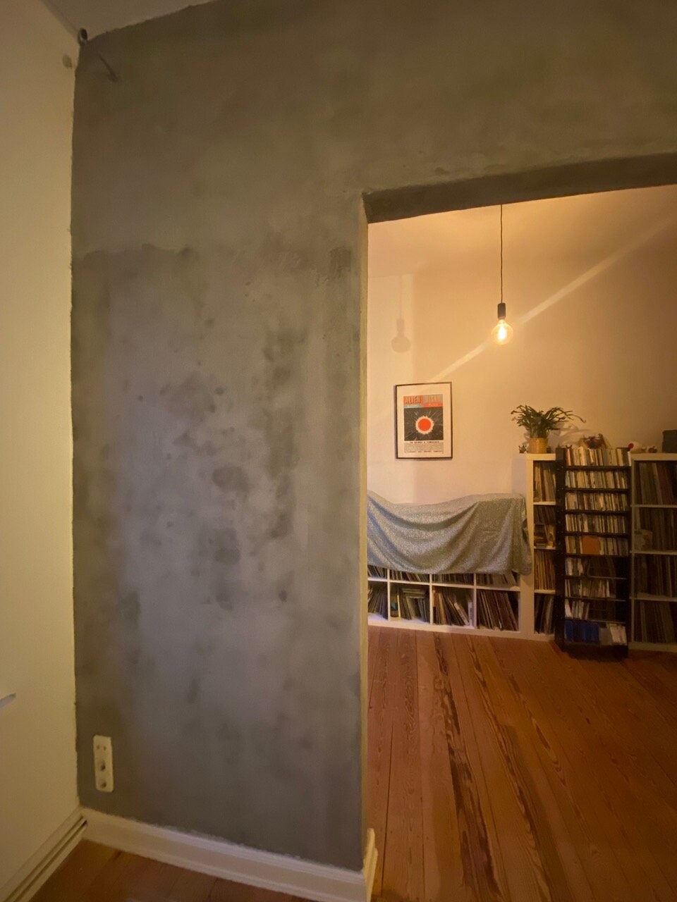 Living room with raw concrete wall section, wooden floor, bookcases, pendant lamp