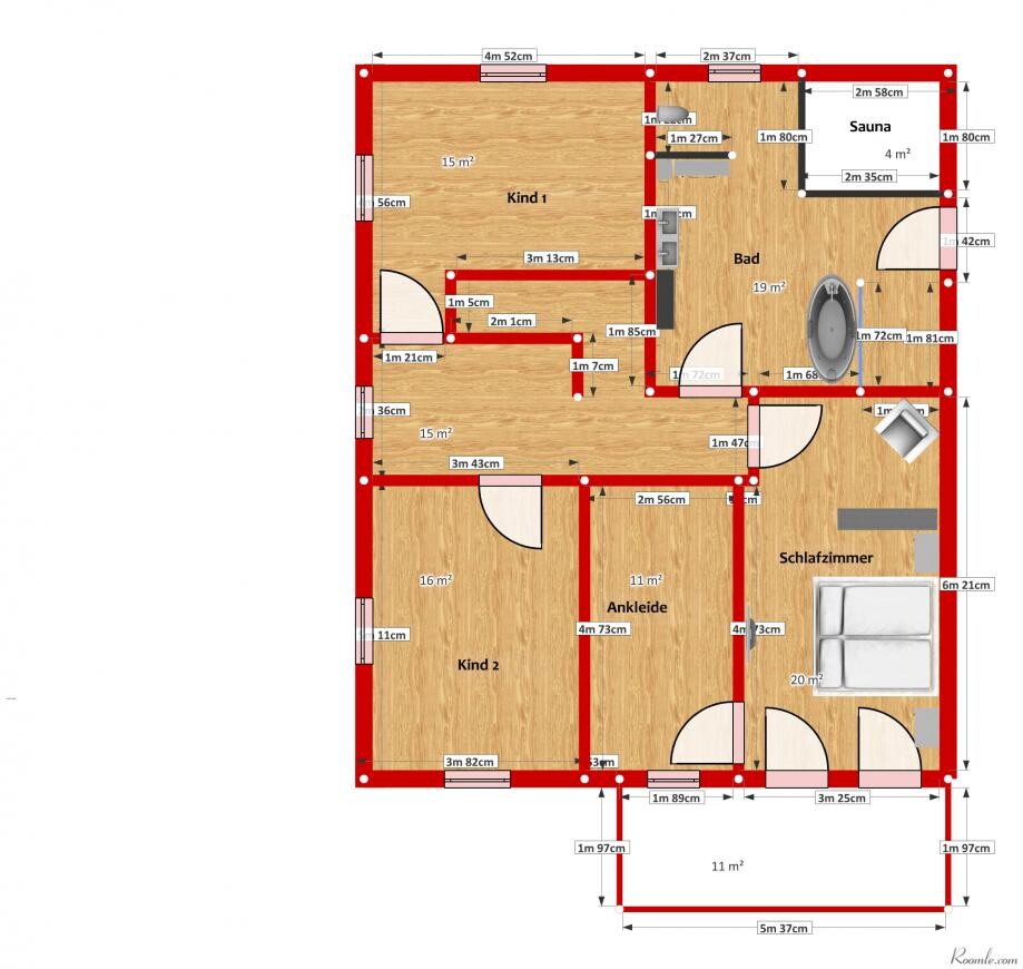2D floor plan of a house with bedroom, bathroom, sauna, and children's rooms