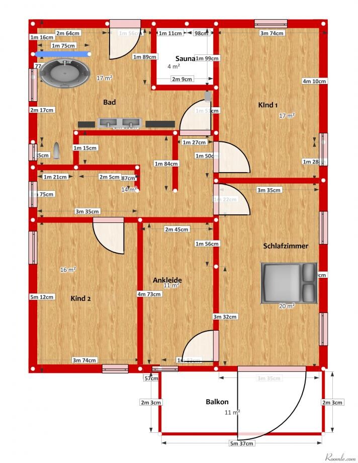 Floor plan of a detached house with bathroom, bedroom, children's rooms, and balcony