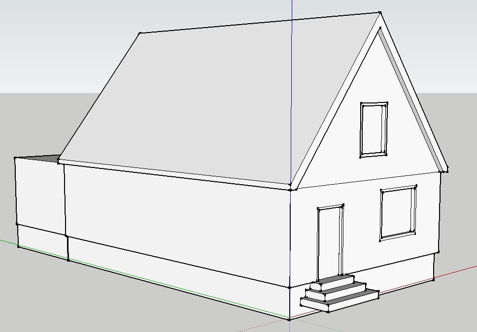 3D house model line drawing with roof, door and windows, simple architectural visualization