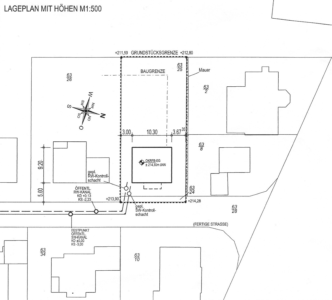 Site plan showing plot boundaries, buildings, wall, street layout, and compass.