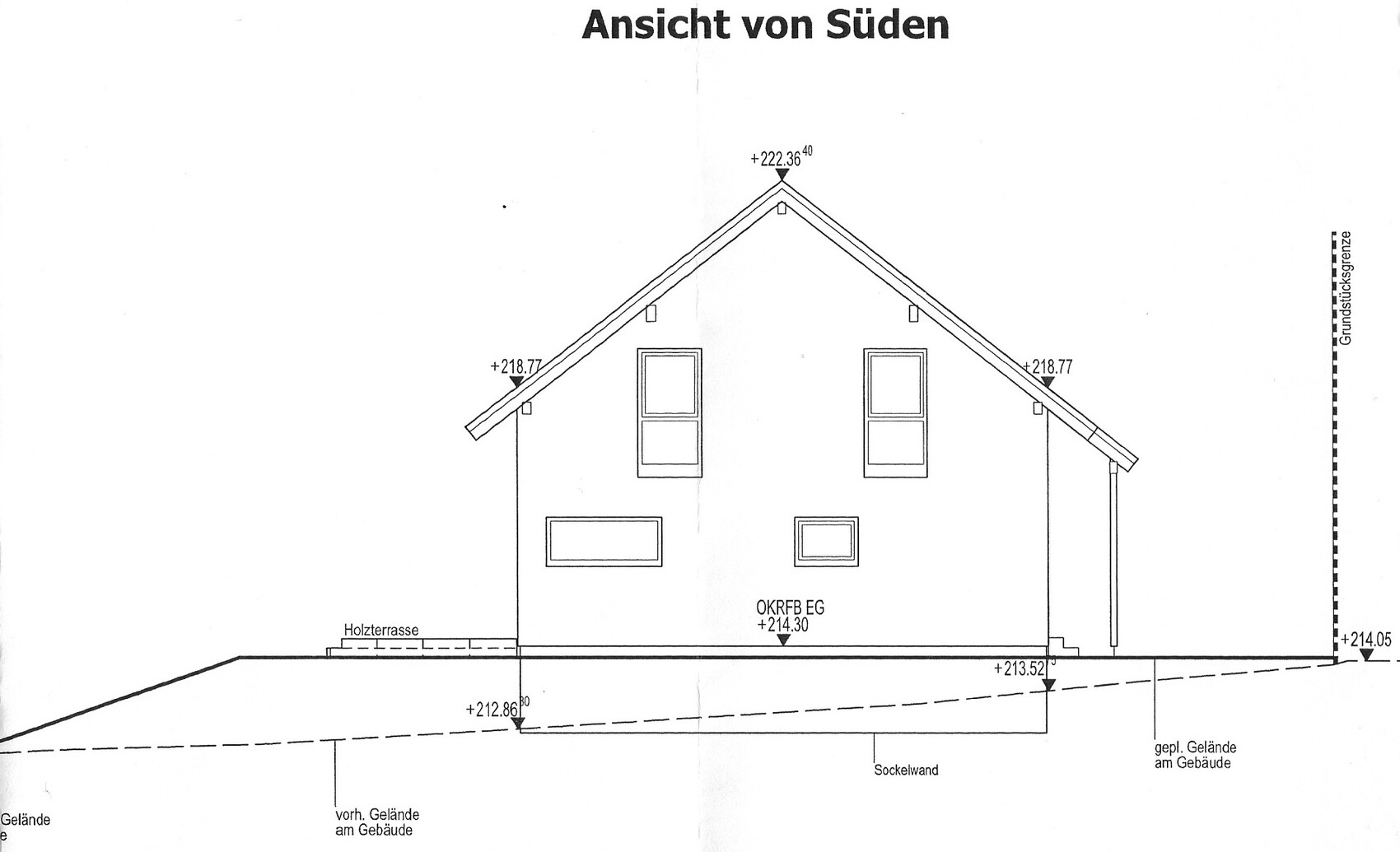 South elevation: two-story house with gable roof, windows, and terrain profile.