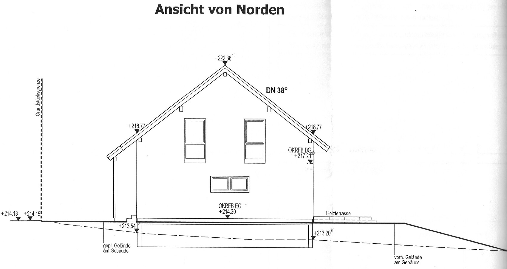 North elevation of a two-story house with gable roof, windows, and wooden terrace architectural drawing.
