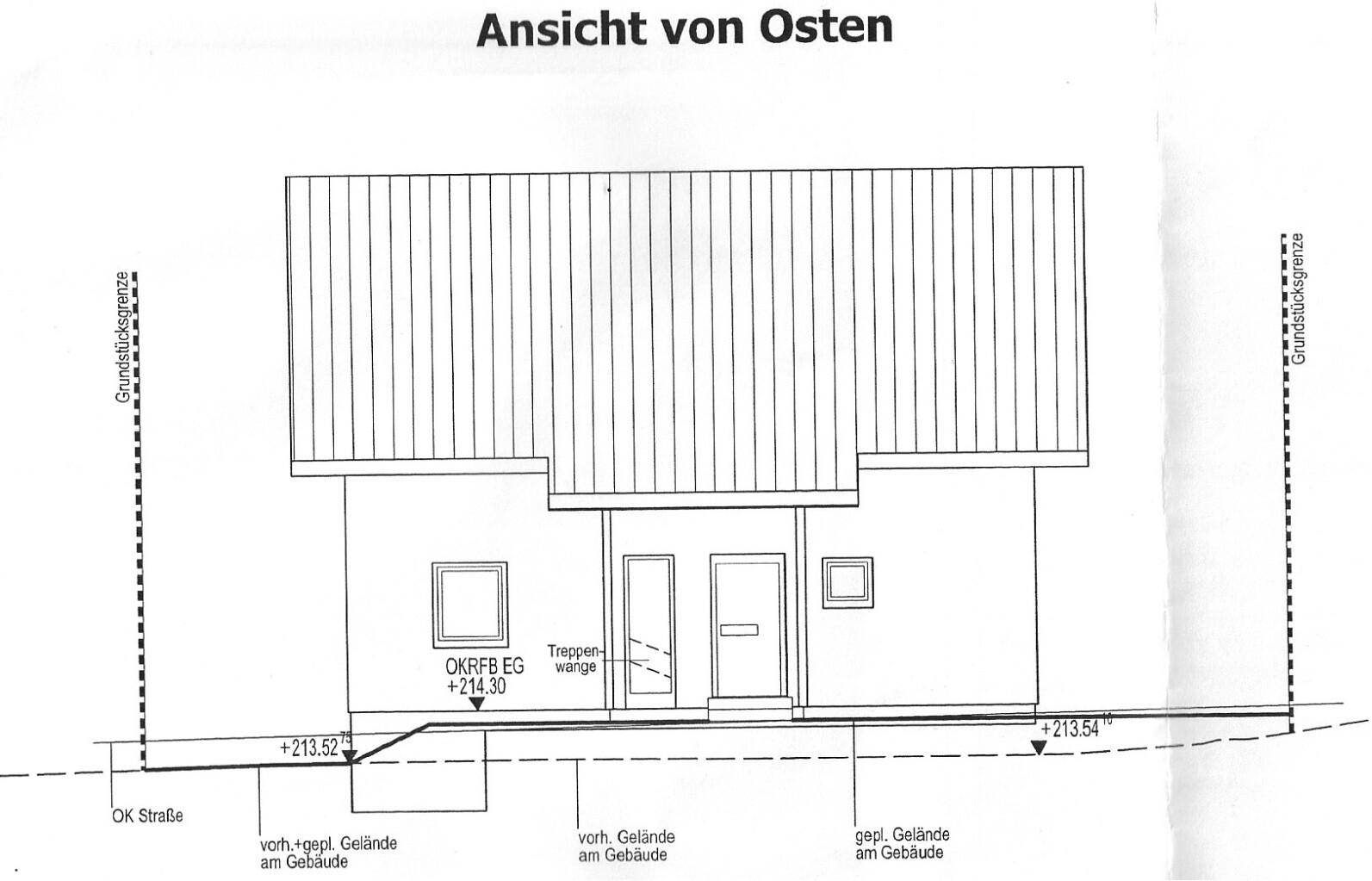 East elevation of a house with a high roof, entrance door, steps, and windows.