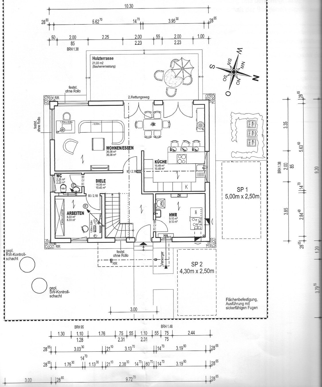 Floor plan of a house with terrace, open living and dining area, kitchen, and hallway.