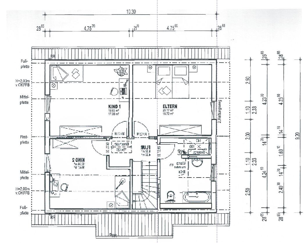 Ground plan of a house: two bedrooms (PARENTS, CHILD 1), corridor, stairwell, bathroom, kitchen.