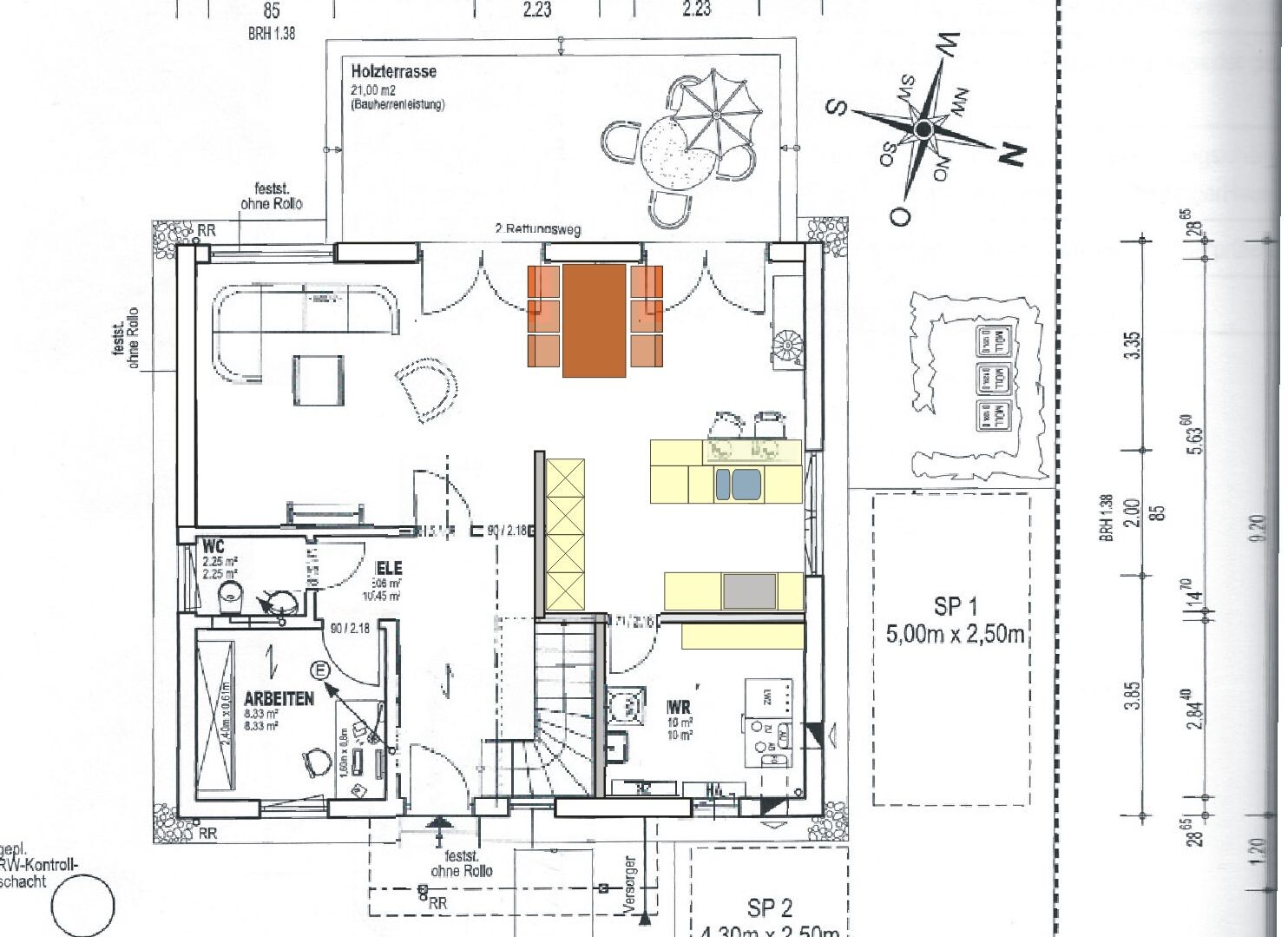 Floor plan of a house with terrace, living room, dining area, kitchen, WC, and study.