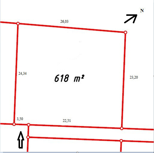 Grundstücksplan mit roter Umrandung, Maßen und 618 m² Fläche