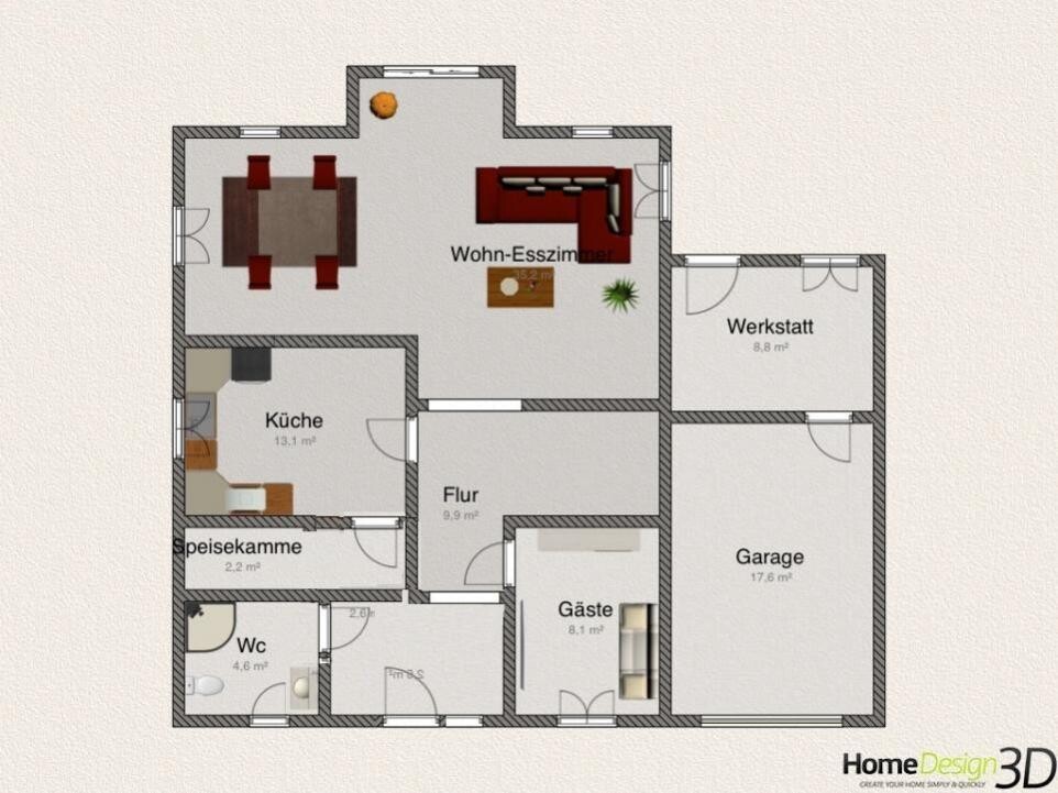Detaillierter Grundriss eines Hauses mit Wohnzimmer, Küche, Flur, Gästezimmer und Garage.