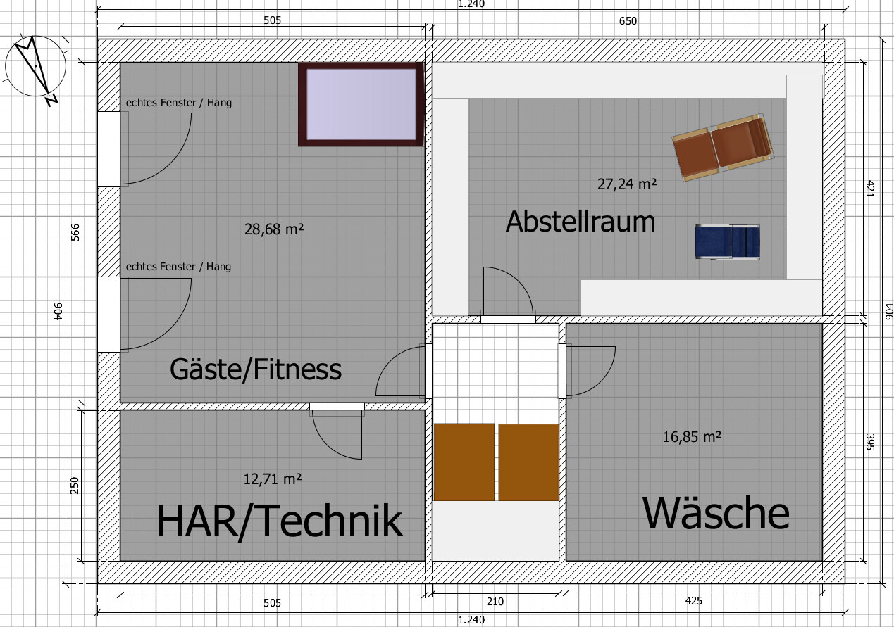 Floor plan of a house with guest fitness room, technical room, storage, and laundry