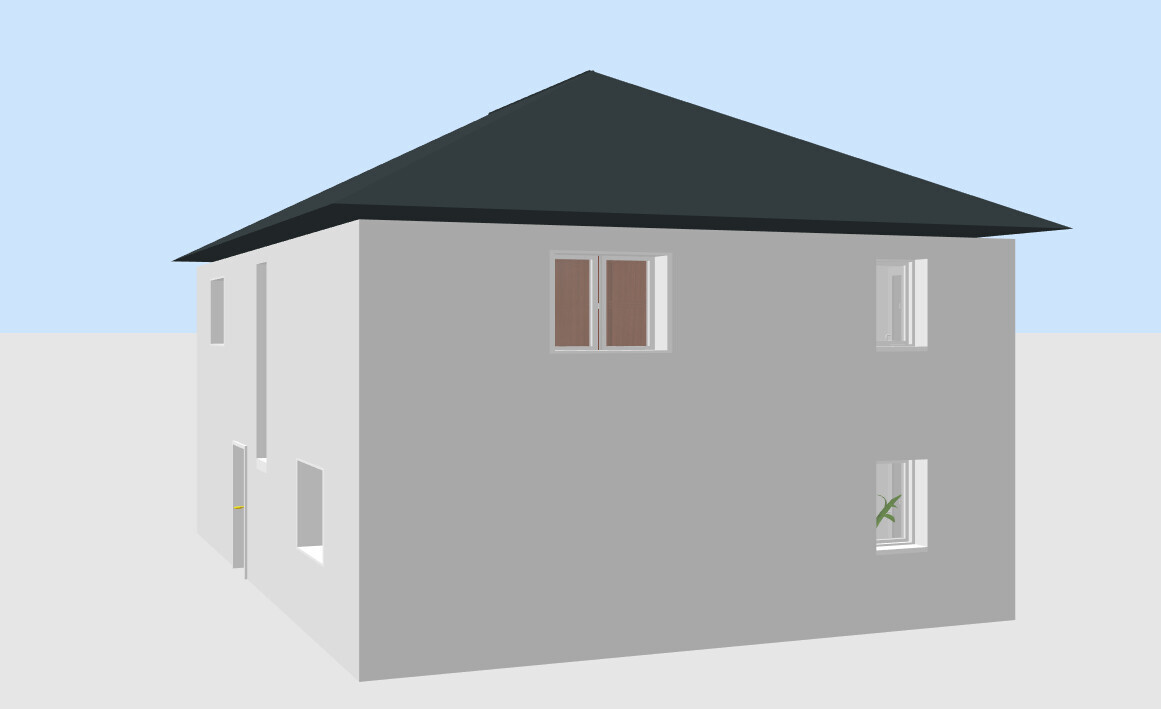3D house model with gray facade and dark roof, side view