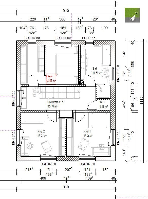 Grundrissplan eines Hauses mit Flur, Treppe, Bad, WC und Schlafzimmern (OG)