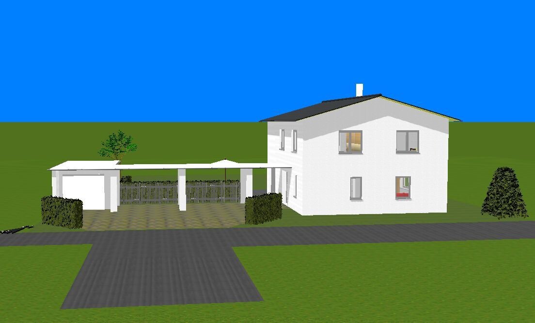 3D-Darstellung eines weißen Einfamilienhauses mit Carport, Zufahrt und Garten