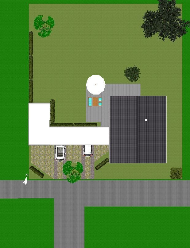 Vogelperspektive eines Baugrundstücks mit Haus, Garten, Zufahrt und Terrasse