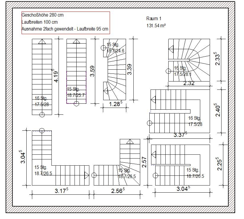 Technical floor plan of a building with stairs, walls, and dimensions