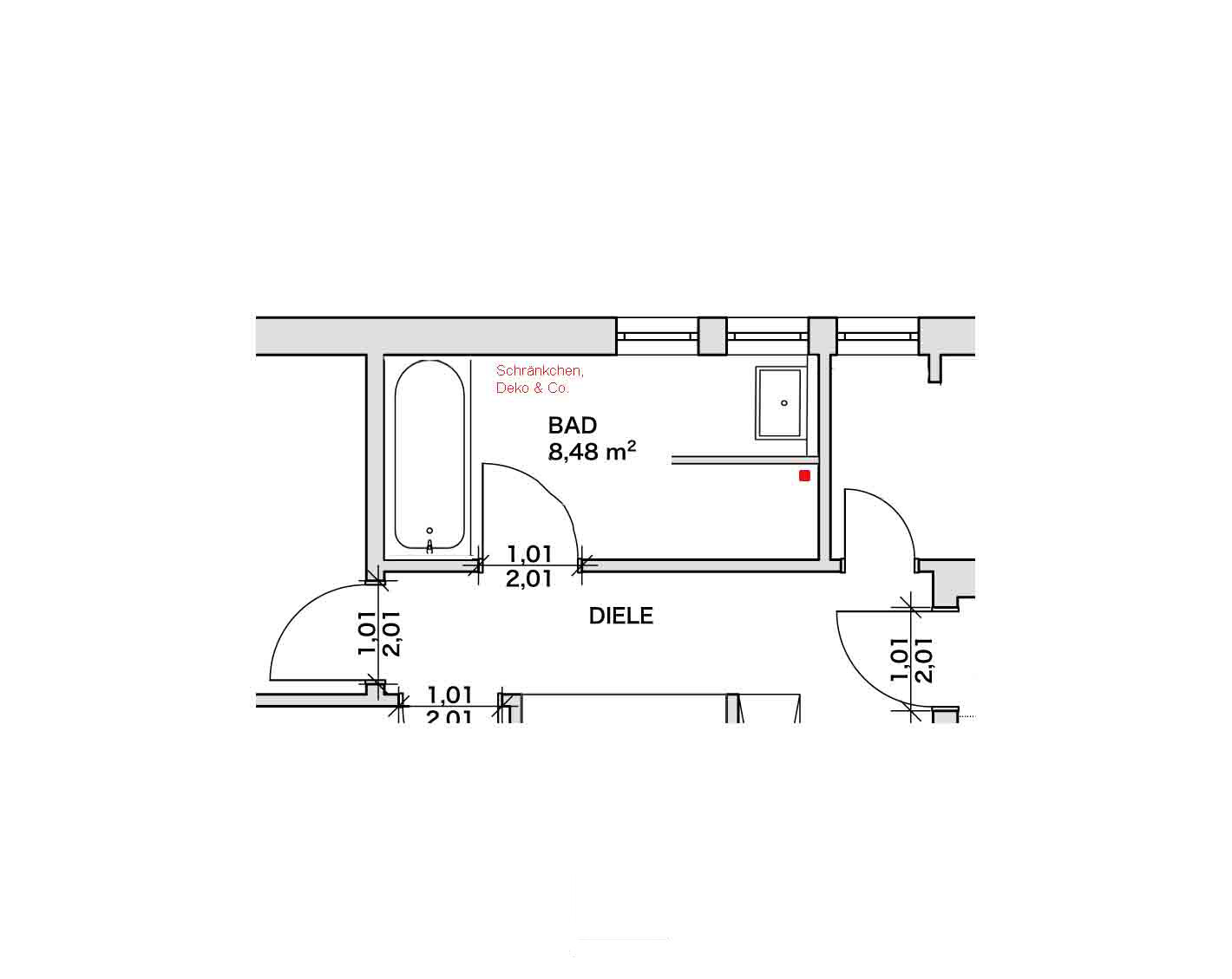 2D floor plan of a bathroom with bathtub, washbasin, door and hallway